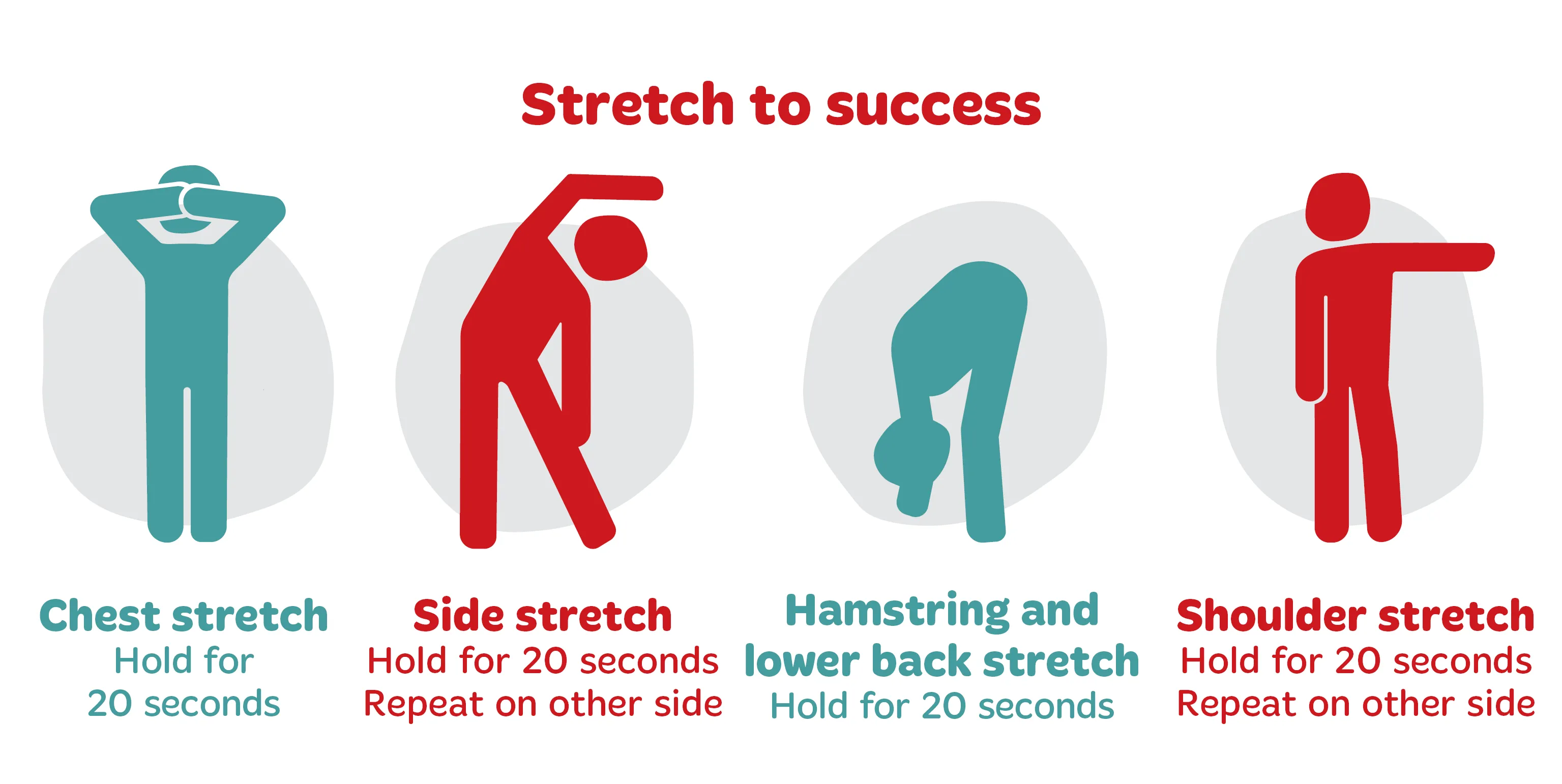 chest stretch - hold for 20 seconds, side stretch - hold for 20 second and repeat on other side. Hamstring and lower back stretch. Shoulder stretch - hold for 20 second and repeat on other side.