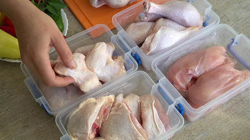 Portions of chicken have been separated and placed in plastic containers ready for freezing