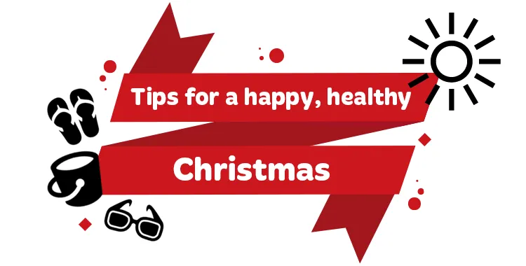 Red ribbon with white text saying 'Tips for a stress free Christmas'. Surrounded by an icon of the sun, a bucket, sunglasses, jandals and sunglasses