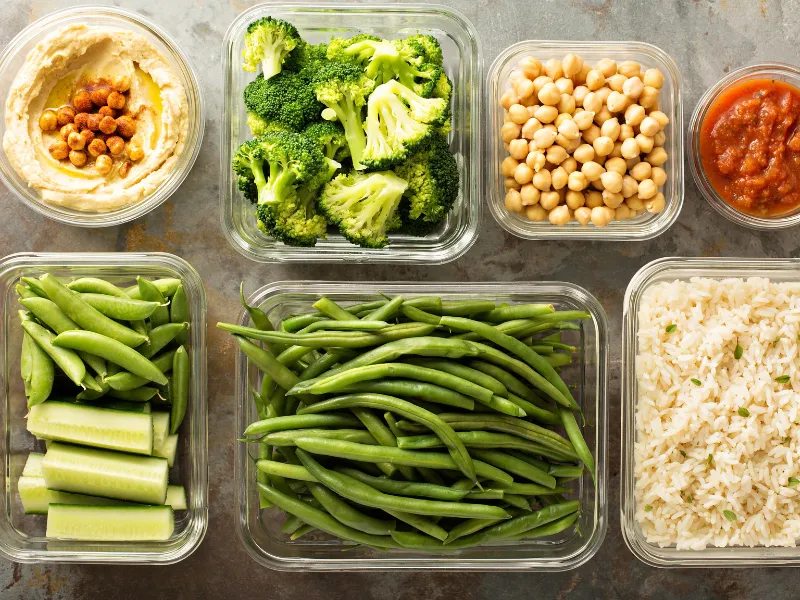 Meal prep containers filled with healthy ingredients including hummus, broccoli, chickpeas, tomato salsa, cucumber sticks, green beans, sugar snap peas and cooked rice, plant-based lunch ideas.