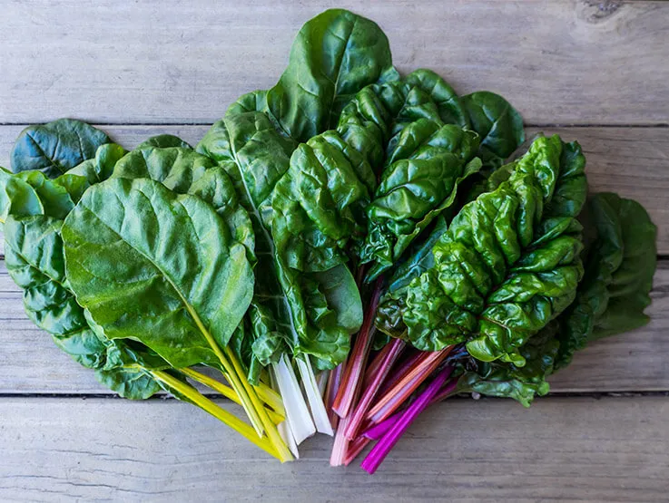A bouquet of silverbeet or rainbow chard as it's also known fanned out against a wooden surface. The silverbeet has yellow, white and purple stalks.