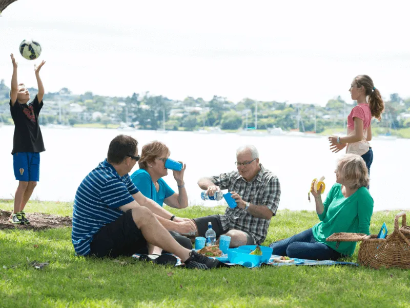A multigenerational family enjoying a picnic by a lake. Three adults and two older individuals sit on a blanket with food and drinks, while a boy plays with a soccer ball and a girl stands nearby holding a cup. The background features calm water and a tre