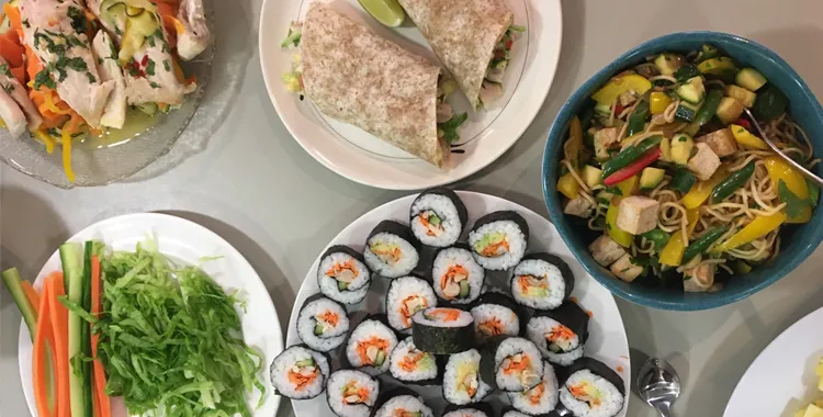 Healthy food laid out on table.