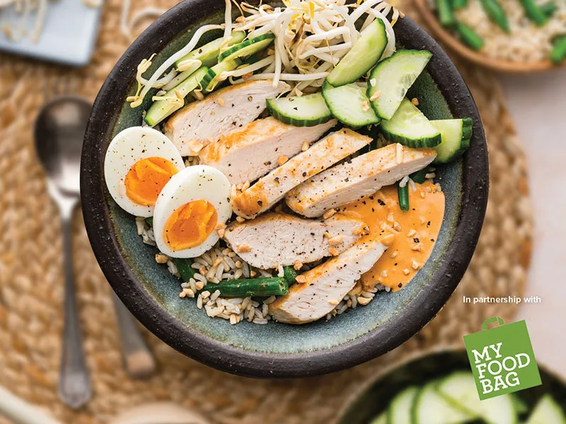 Image shows dark coloured bowl full of fresh delicious ingredients, comprising boiled egg, chicken slices, beans sprouts (mung beans), cucumber and a dollop of peanut sauce.