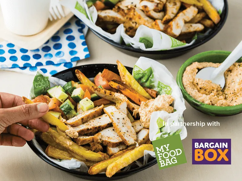 Bowls of gyros chicken and fries with side of dip