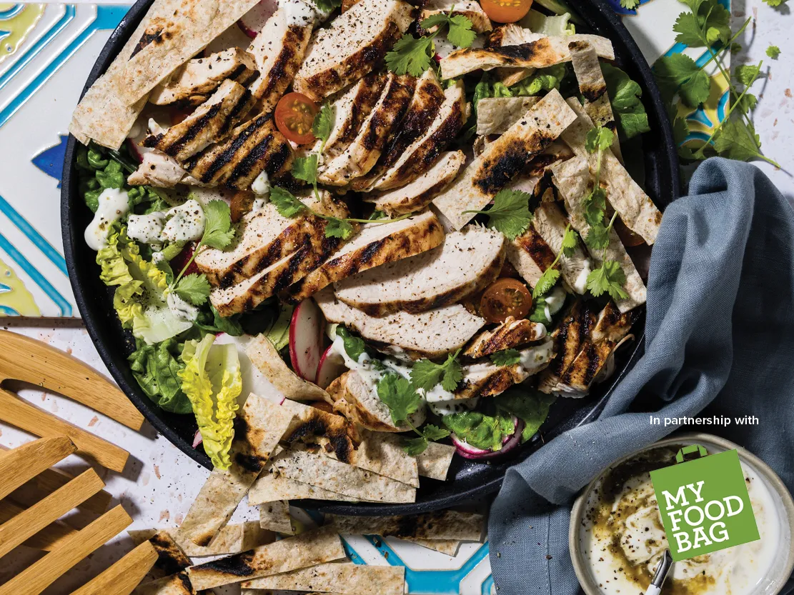 Tender pieces of barbecued chicken lay on a bed of crispy iceberg lettuce. Charred tortilla chips made from wholemeal wraps garnish the platter alongside dollops of spicy chipotle yoghurt.
