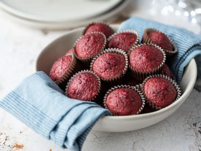image of beetroot muffins presented ina small white bowl