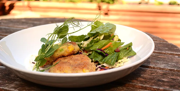 Fresh and delicious fish cakes with green salad and yoghurt dressing