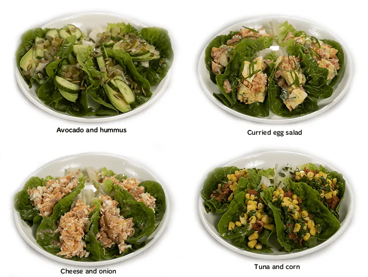 These quick and easy lettuce cup ideas make a great lunch. Hummus and avocado, cheese and onion, tuna and corn, curried egg.