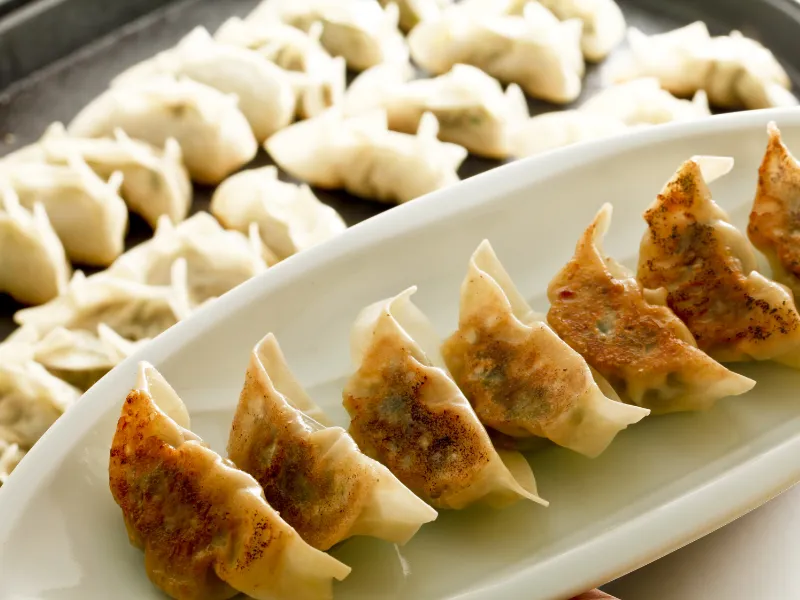 Pan fried jiaozi pork dumplings arranged on a white plate with more dumplings in the background.