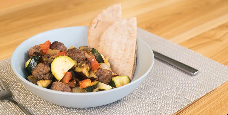 Roasted eggplant, courgette and tomato with meatballs