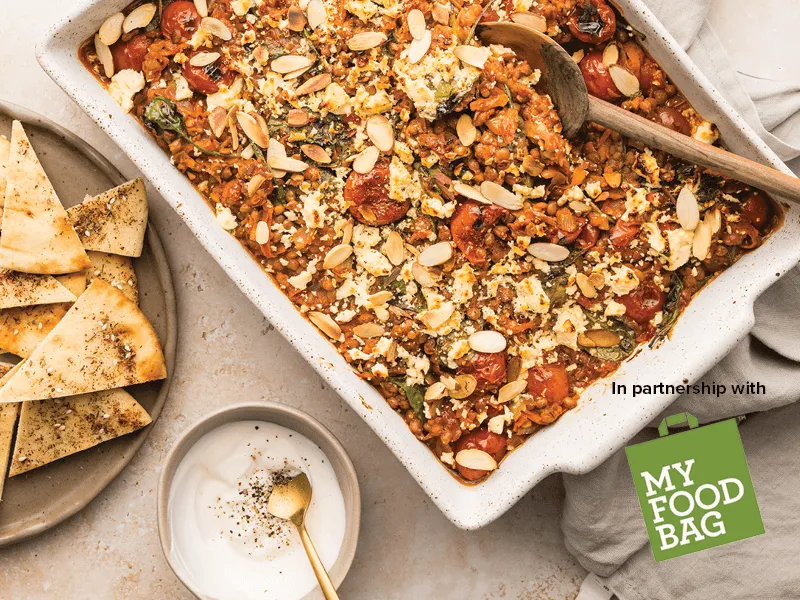 Turkish Lentil Veggie Skillet with Feta & Almond Topping
