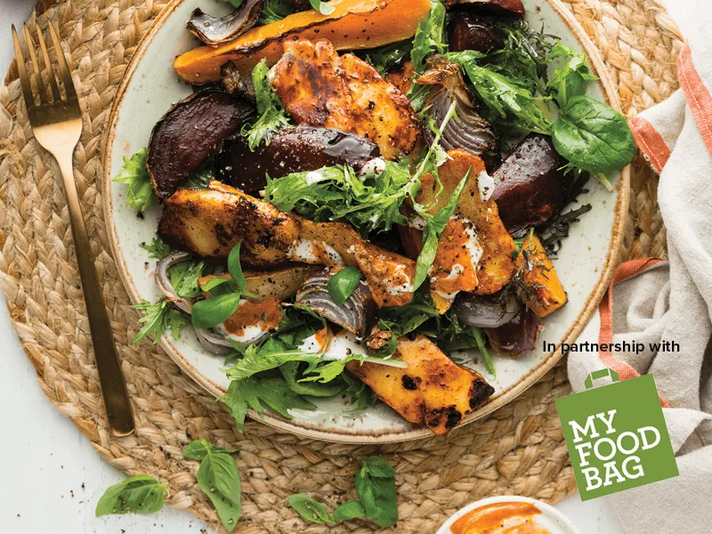 Plate of roasted butternut and haloumi salad