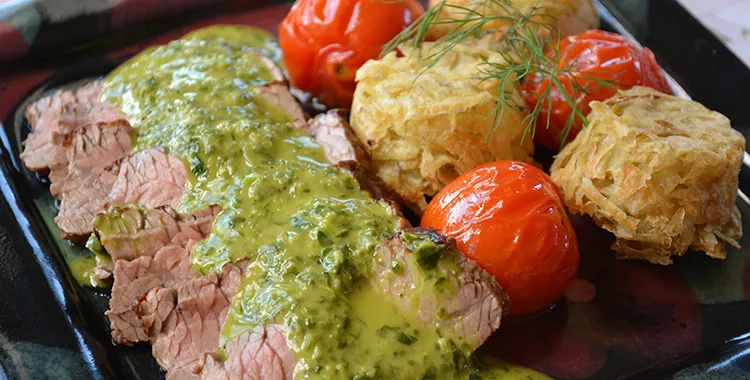 Roast beef recipe with hash browns and emerald sauce