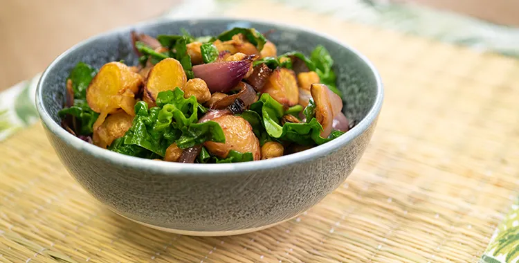 Roast yam salad and red onion salad