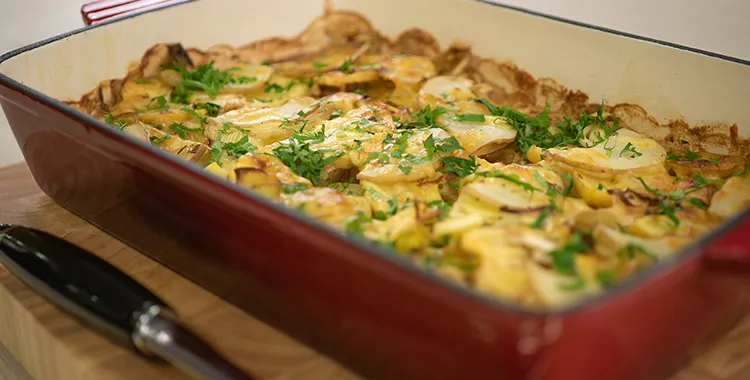 Leek, swede and potato gratin