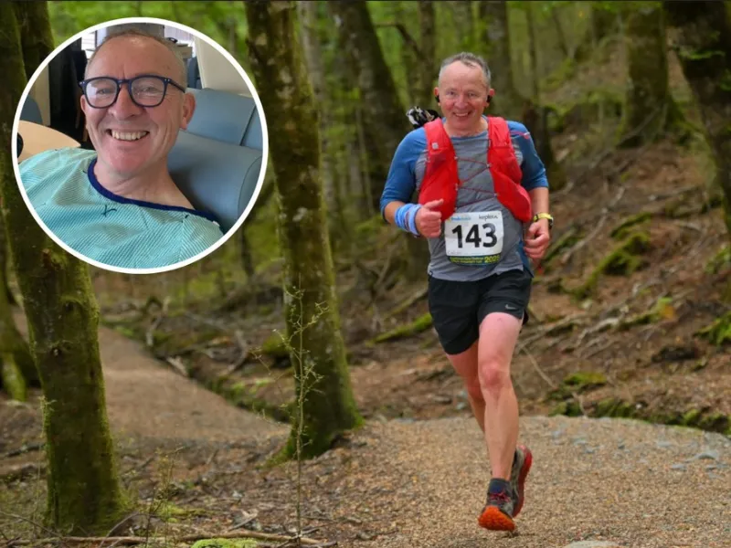 Trail runner recovering from life saving heart surgery, split image of man running forest ultramarathon and resting in hospital after angioplasty showing heart disease warning for fit athletes.