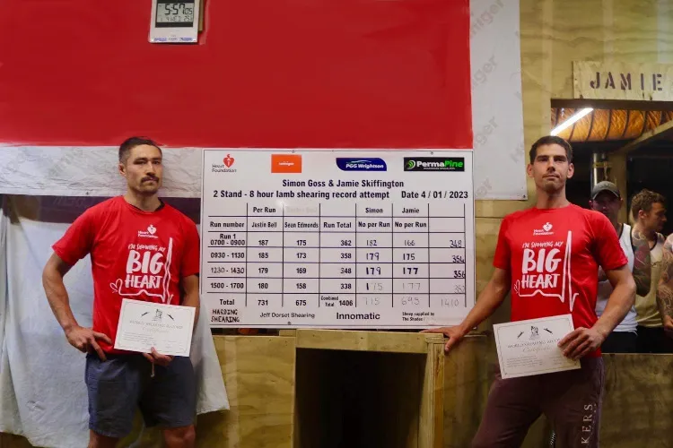 Simon Goss stands next to his sheep-shearing partner, Jamie Skiffington. They both hold their certificates in their hands for their world record in sheep shearing. Their record-breaking times are displayed on a board behind them.