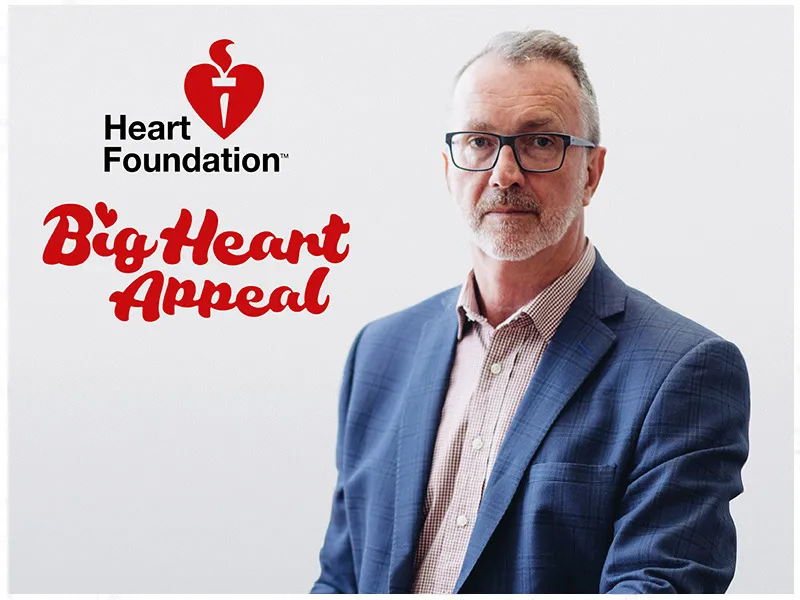 Images features the Big Heart Appeal logo and a portrait of Heart Foundation's Medical Director, Dr Gerry Devlin. Dr Devlin is wearing a blue suit and neutral shirt. He is unsmiling.