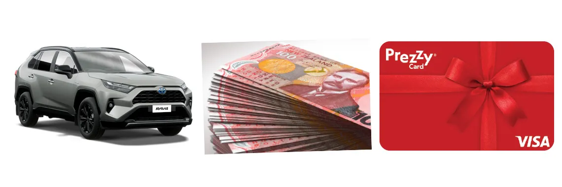 List of Heart Foundation NZ Lottery Bonus Prizes - An image of a Toyota Hybrid, $10,000 NZ Cash and  $5,000 Prezzy Card