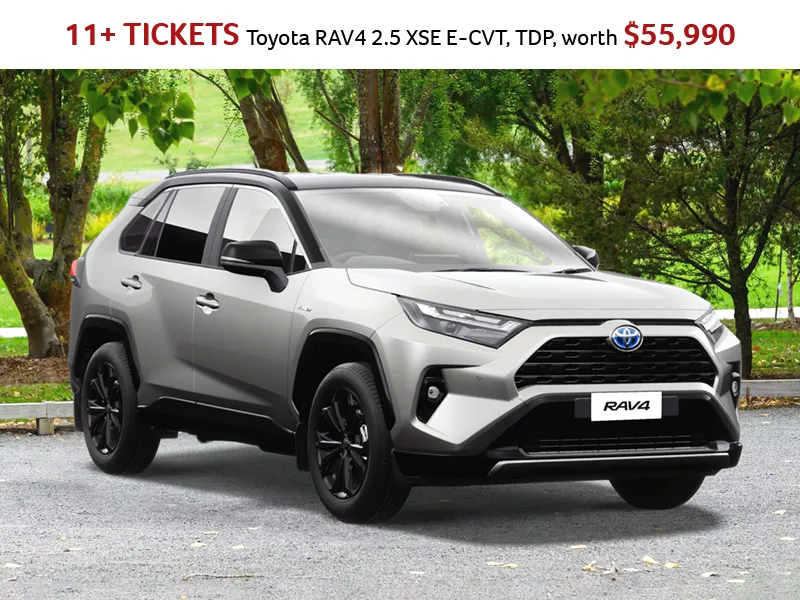 Toyota RAV4 2.5 Hybrid XSE E-CVT 2025 model in silver, parked outdoors, showcasing modern design and black alloy wheels, valued at $55,990