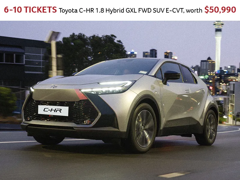 Toyota C-HR 1.8 Hybrid GXL SUV prize image showing car driving in a city at night