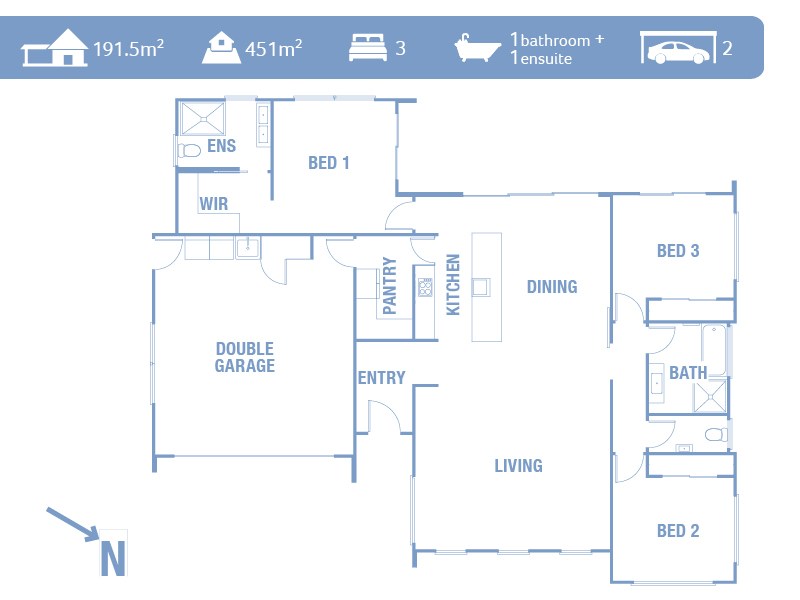 Floor plan of a modern Wanaka home featuring three bedrooms, two bathrooms, a double garage, open-plan kitchen, dining, and living areas, and a walk-in pantry