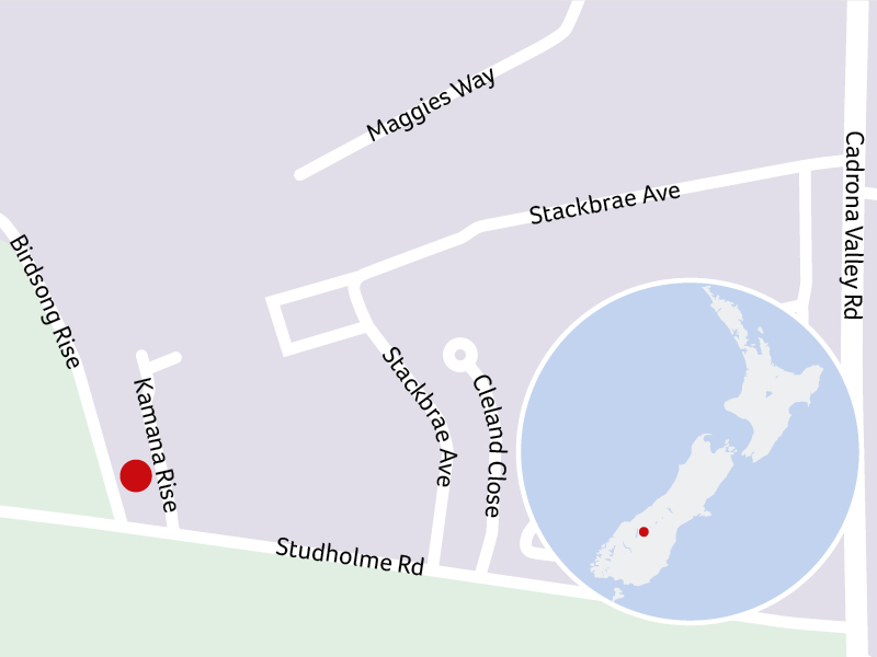 Map showing the location of Kamana Rise in Wanaka, New Zealand, with nearby streets including Birdsong Rise, Stackbrae Ave, and Studholme Road, plus an inset map of New Zealand highlighting the region