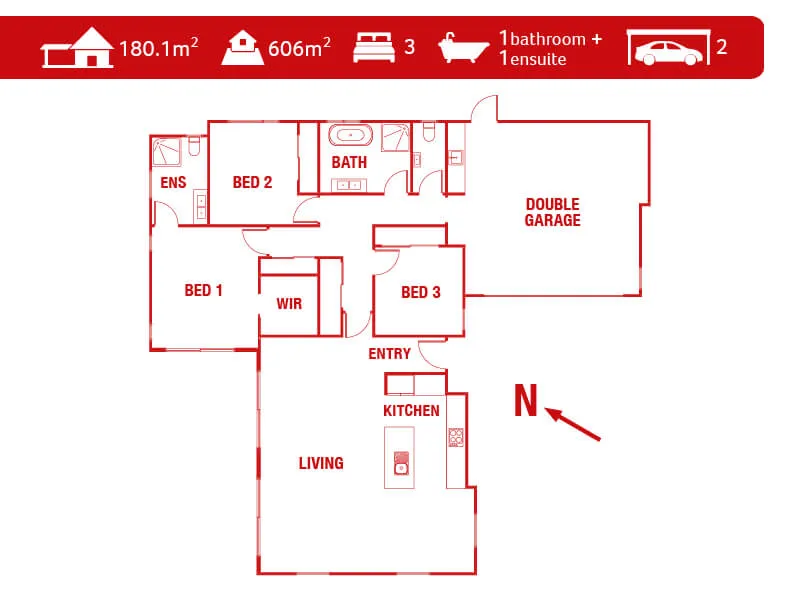 Modern three-bedroom home floor plan with ensuite, family bathroom, double garage, and open-plan living area.