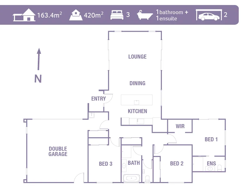 Floor plan of the Napier lottery home illustrating three-bedroom layout, double garage, open-plan lounge-dining-kitchen, family bathroom, and ensuite.