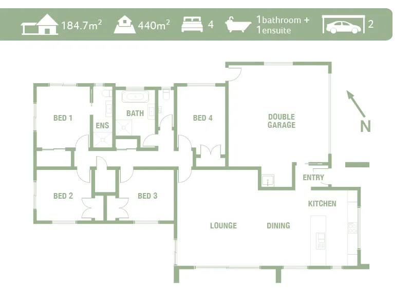 Papamoa house floor plan showing 4 bedrooms, 1 bathroom plus ensuite, open-plan kitchen dining lounge and double garage.