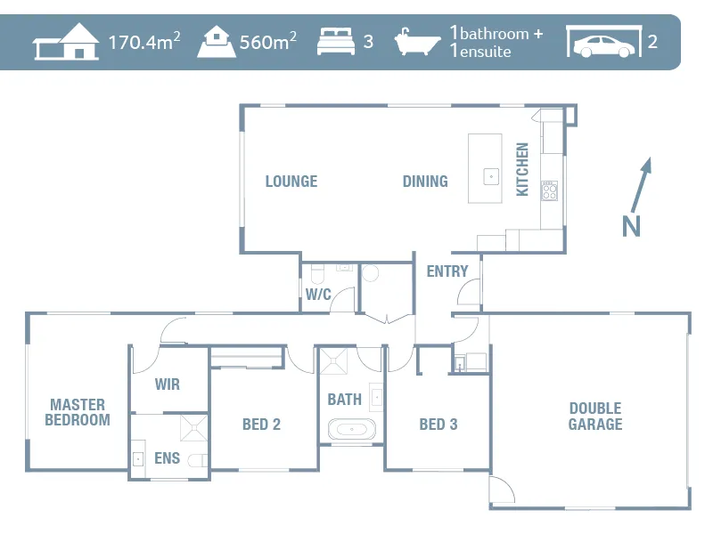 Floor plan of the Heart Foundation Home Lottery 162 three-bedroom house in Richmond, Nelson showing lounge, dining, kitchen, master with ensuite and double garage