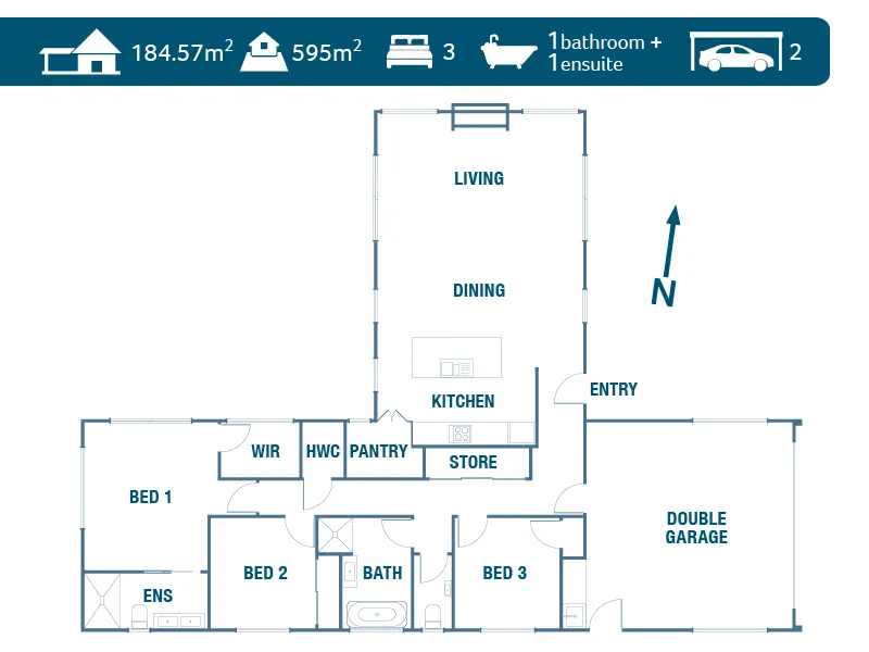 Floor plan of Lottery 163 Whitianga home showing 3-bedroom layout with open-plan kitchen, dining and living area, master with ensuite and walk-in robe, family bathroom and double garage.