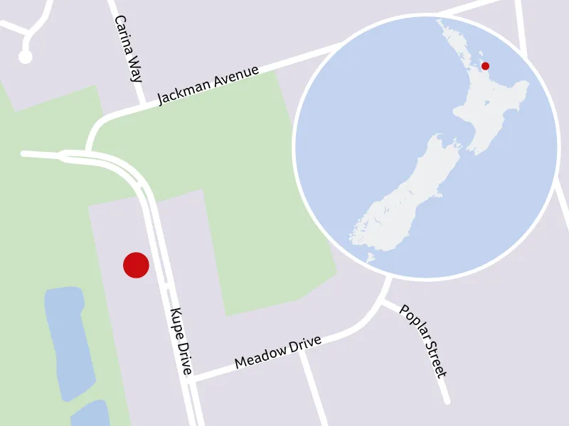 Location map showing Lottery 163 Whitianga home on Kupe Drive near Jackman Avenue and Meadow Drive, with inset map highlighting its position on the Coromandel Peninsula, New Zealand.
