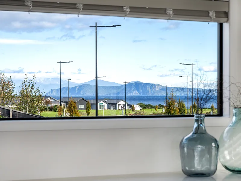 Lake and mountain views from Kinloch home window overlooking landscaped street and neighbouring houses.