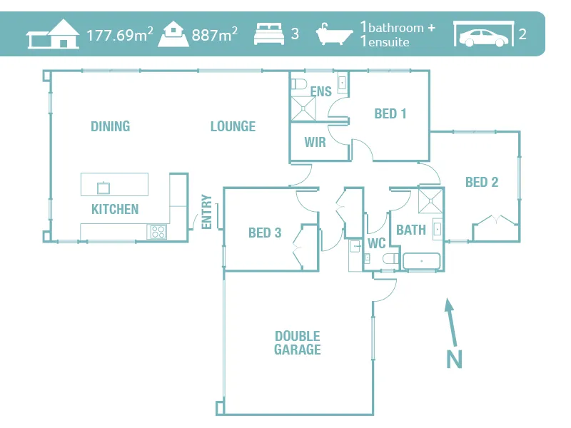 Floor plan of Kinloch three‑bedroom home with double garage, open‑plan kitchen, dining and lounge.