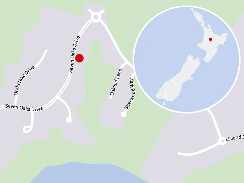 Location map showing Seven Oaks Drive in Kinloch and its position in New Zealand.
