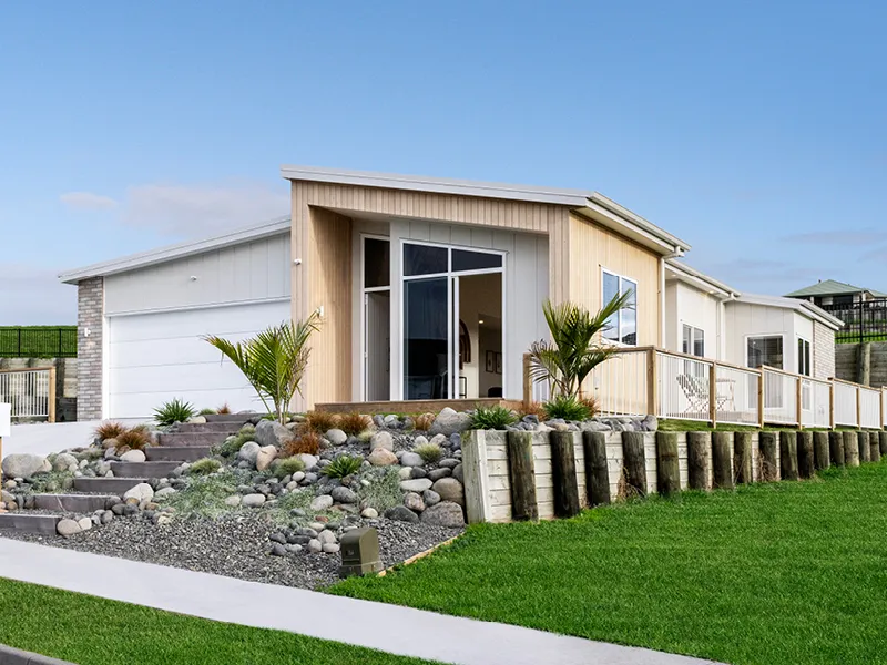 Exterior street view of the brand-new 3-bedroom Jennian home in Omokoroa, winning prize of Heart Foundation Home Lottery No. 165.
