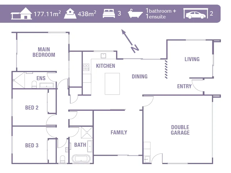 Floor plan of the 177m² 3-bedroom, 2-bathroom Jennian home with double garage, Heart Foundation Home Lottery No. 165 Ōmokoroa.