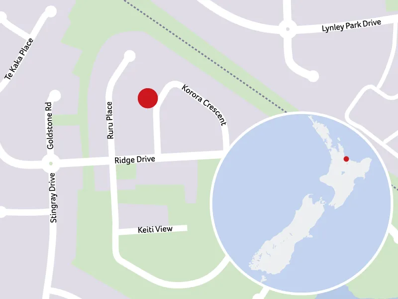 Street map showing the Korora Crescent property location and North Island locator for the Heart Foundation Home Lottery No. 165 Ōmokoroa house.