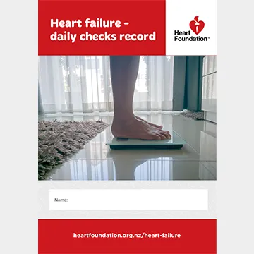 Cover image of the Heart failure Daily checks record booklet featuring a female standing on some scales