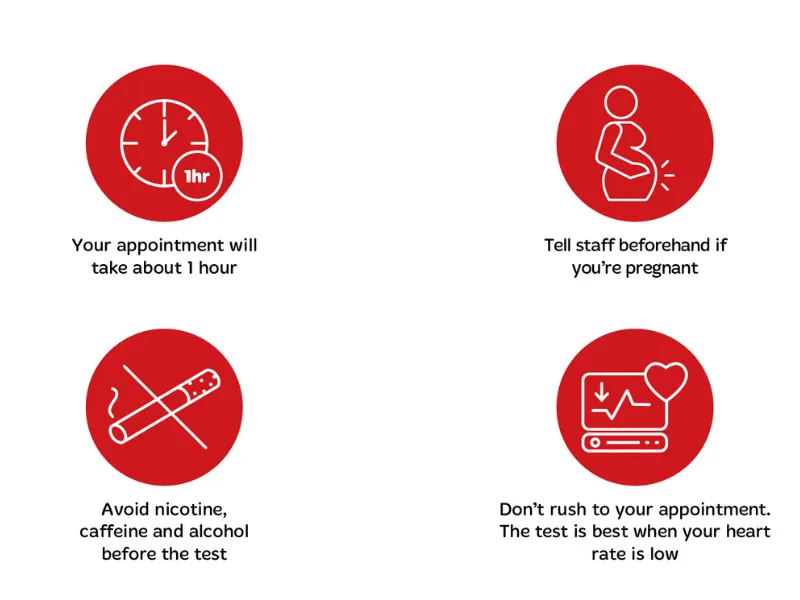 Infographic explaining coronary artery calcium scoring preparation, showing icons for a 1 hour appointment time, telling staff beforehand if you are pregnant, avoiding nicotine, caffeine and alcohol before the test, and not rushing so your heart rate stay