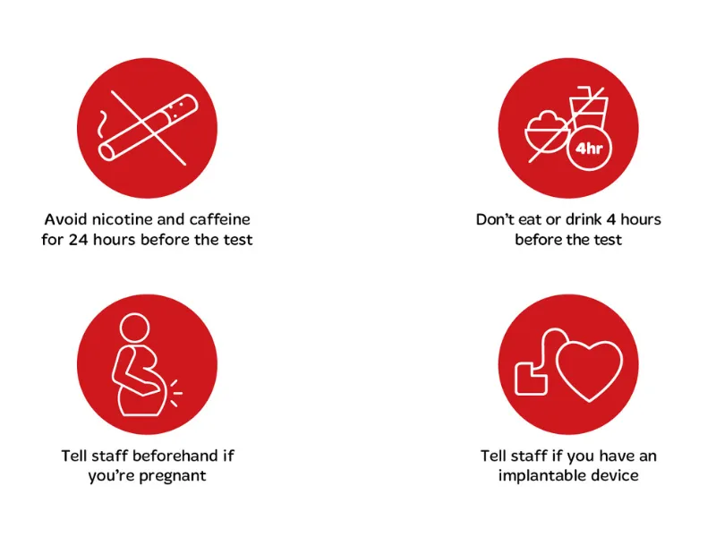 Infographic explaining CT coronary angiogram (CTCA) preparation and what to expect, showing icons for appointment duration, avoiding caffeine, nicotine and alcohol, fasting before the scan, and having a low heart rate so the CT scanner can capture clear i