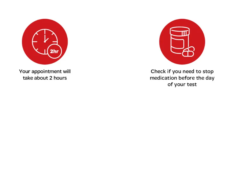 Infographic showing key dobutamine stress echocardiogram appointment information, with icons indicating the test will take about 2 hours and that you should check whether any medications need to be stopped before the day of your test.