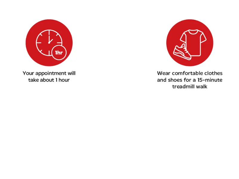 Infographic explaining exercise tolerance test (ETT) preparation, with icons showing the appointment takes about 1 hour, wear comfortable clothes and walking shoes, and that you will walk on a treadmill while your heart rate, rhythm and blood pressure are