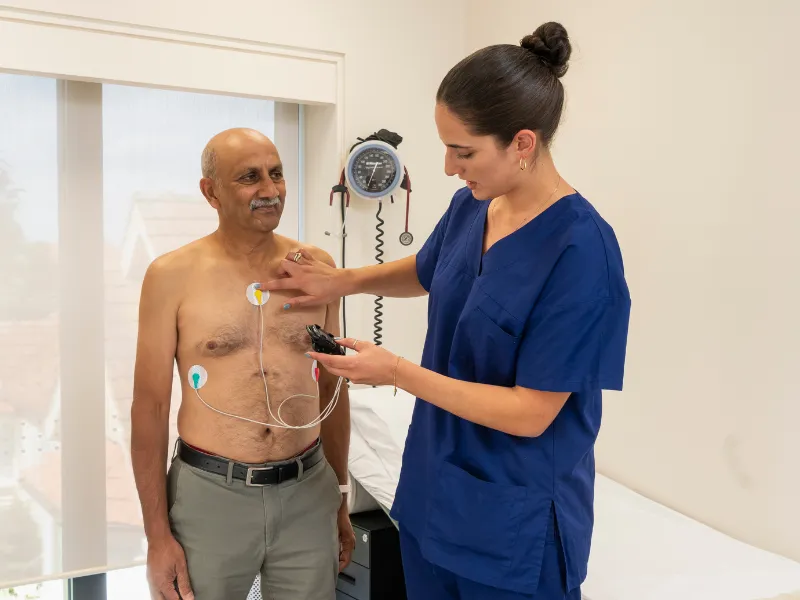 Healthcare professional fitting a cardiac Holter monitor on a patient, attaching chest electrodes and connecting them to a small portable heart rhythm recorder in a clinic examination room.