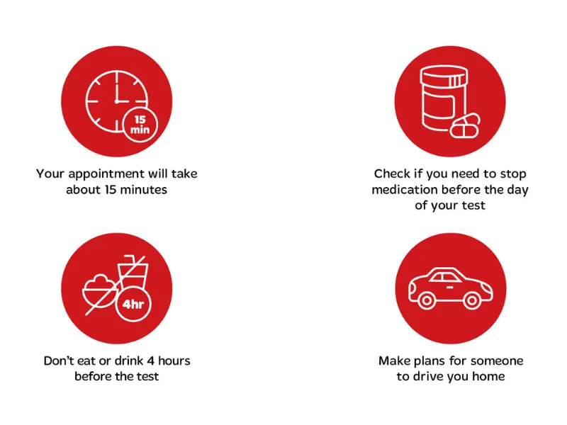 Infographic explaining transoesophageal echocardiogram (TOE) preparation, with icons showing fasting for 4–6 hours before the test, arranging someone to drive you home after sedation, and that the procedure takes around 30 minutes with monitoring in hos