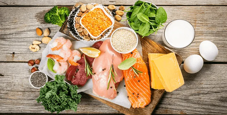 A selection of the heart Foundation recommended nutritious food. Meat, fish, milk, eggs, cheese, dairy, vegetables, pulses, grains, nuts, seeds