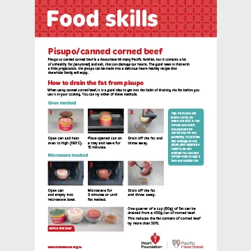 Pisupo is corned beef and is popular amongst Pacific families but it contains a lot of unhealthy fat. This recipe card shows how to prepare this dish more healthily.