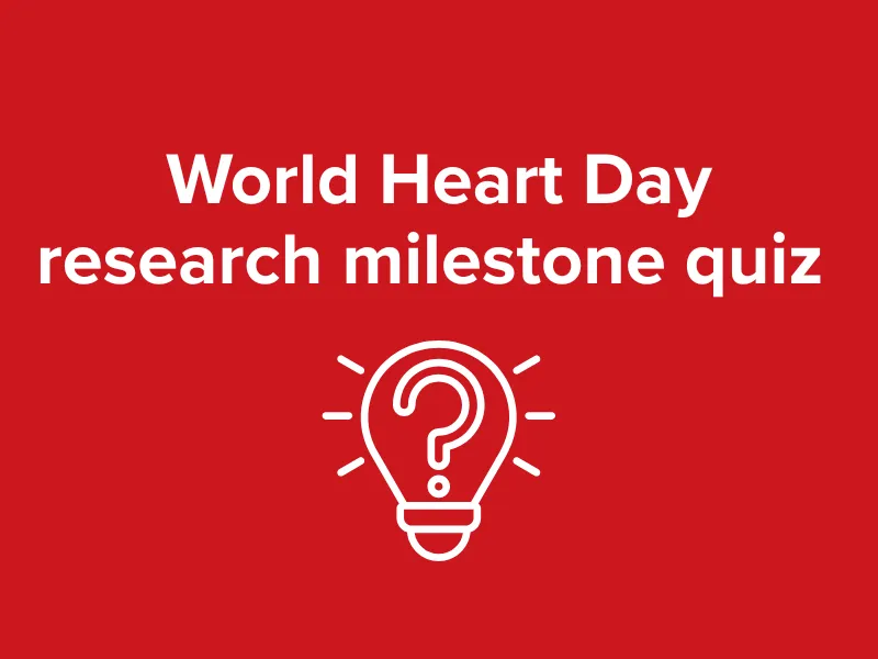 World Heart Day research milestone quiz graphic with a question-mark lightbulb icon.